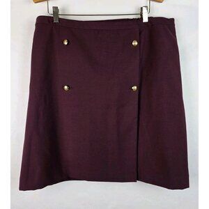 Talbots Womens Skirt Plus Size 18W Burgundy Faux Wrap Gold Buttons Elastic Waist